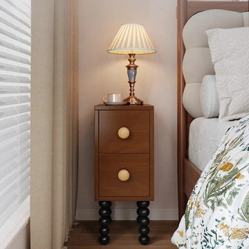 Vintage Style 24″ Narrow Bedside Table - Walnut Rubberwood Legged with Drawers